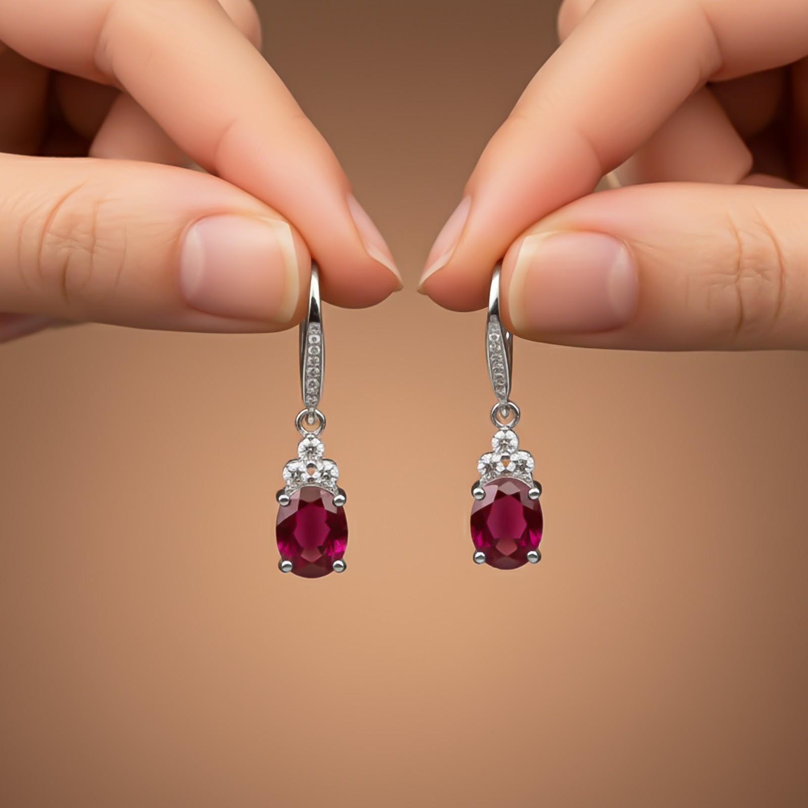 Silver Ruby Oval Drop CZ Earrings for Women