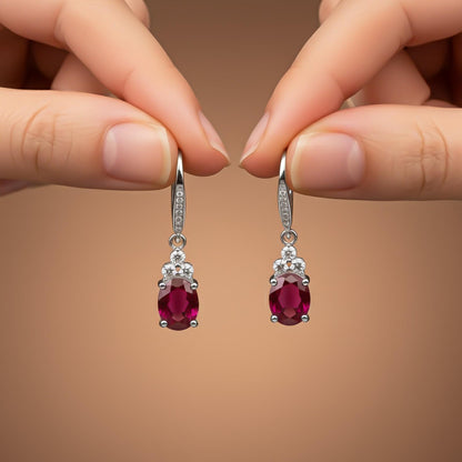 Silver Ruby Oval Drop CZ Earrings for Women