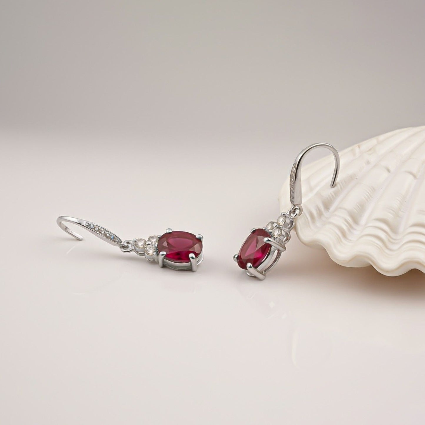 Silver Ruby Oval Drop CZ Earrings for Women