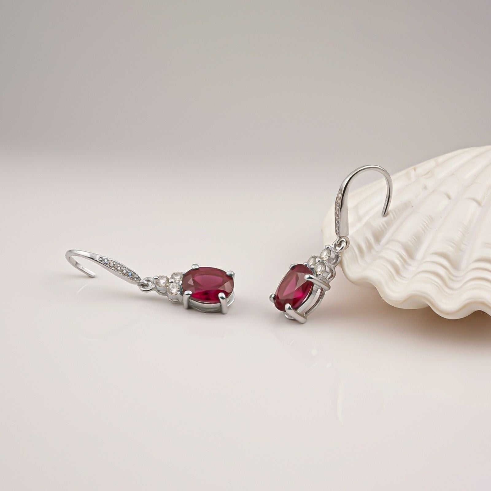 Silver Ruby Oval Drop CZ Earrings for Women
