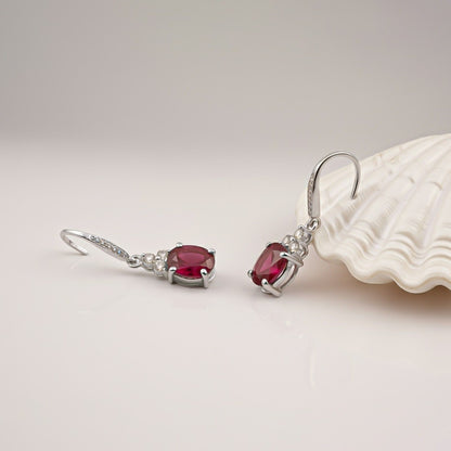 Silver Ruby Oval Drop CZ Earrings for Women
