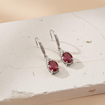Silver Ruby Oval Drop CZ Earrings for Women