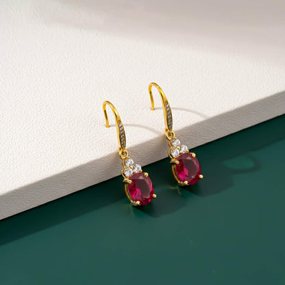 Silver Ruby Oval Drop CZ Earrings for Women