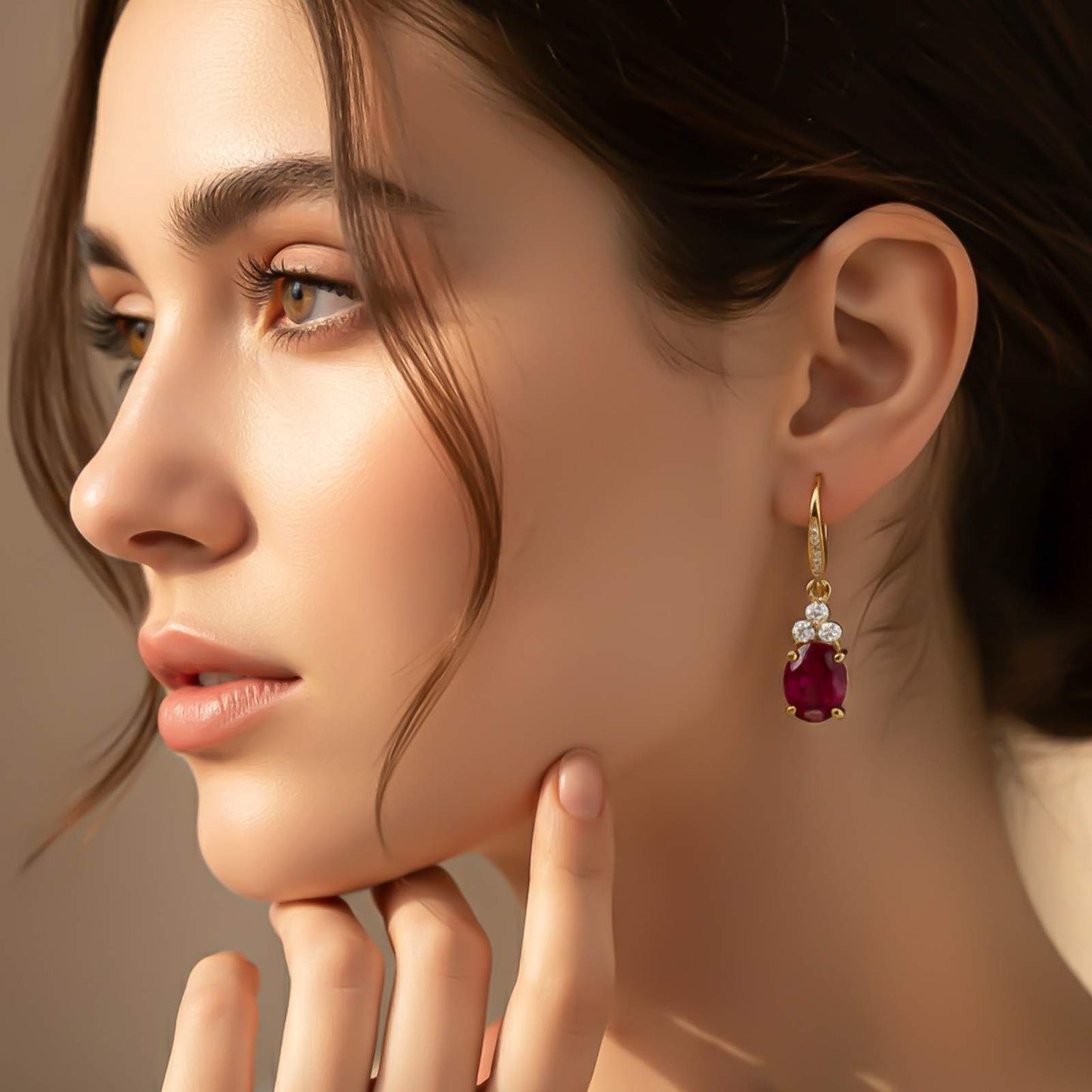 Silver Ruby Oval Drop CZ Earrings for Women