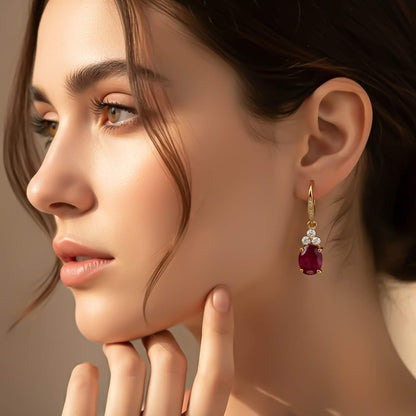 Silver Ruby Oval Drop CZ Earrings for Women