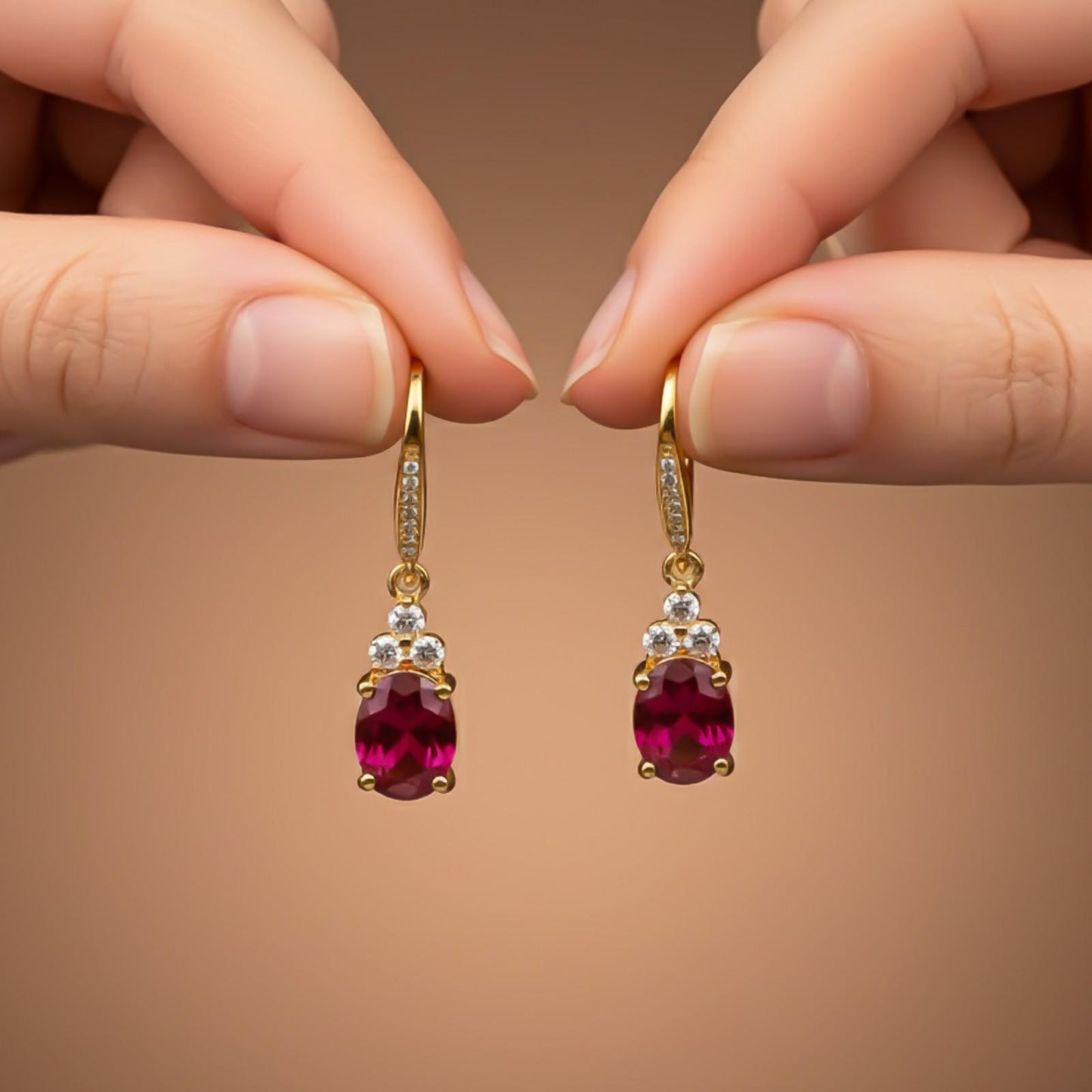 Silver Ruby Oval Drop CZ Earrings for Women