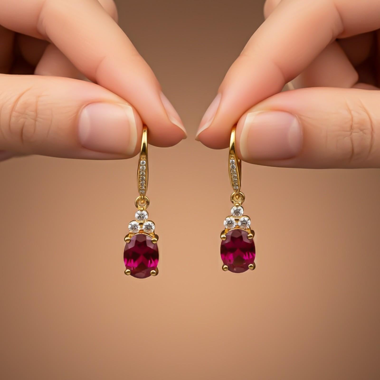 Silver Ruby Oval Drop CZ Earrings for Women