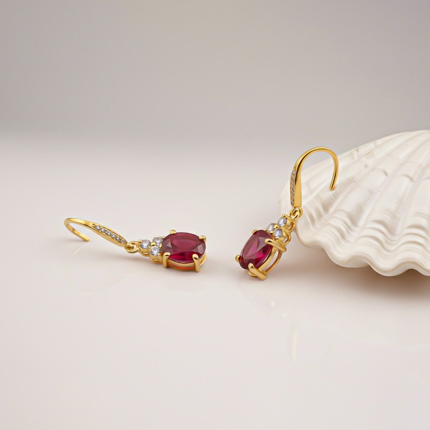 Silver Ruby Oval Drop CZ Earrings for Women