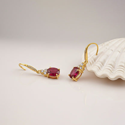 Silver Ruby Oval Drop CZ Earrings for Women
