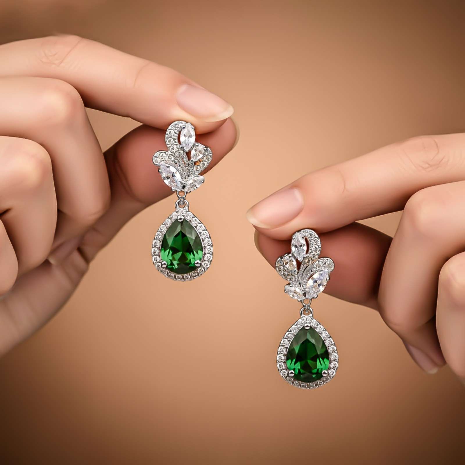 Silver Emerald Teardrop Statement Earrings