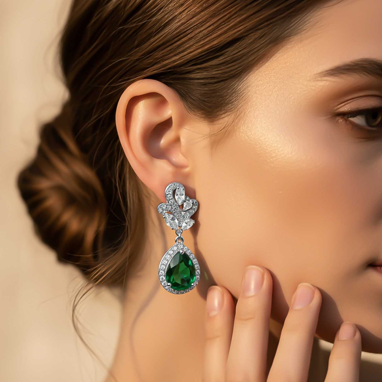 Silver Emerald Teardrop Statement Earrings