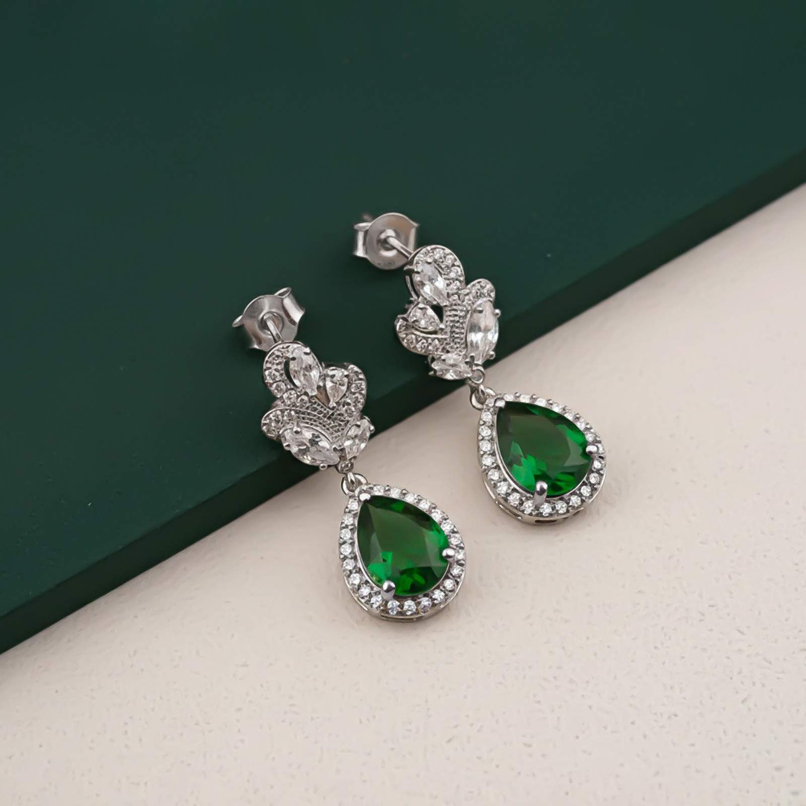 Silver Emerald Teardrop Statement Earrings