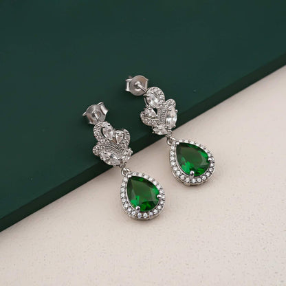Silver Emerald Teardrop Statement Earrings