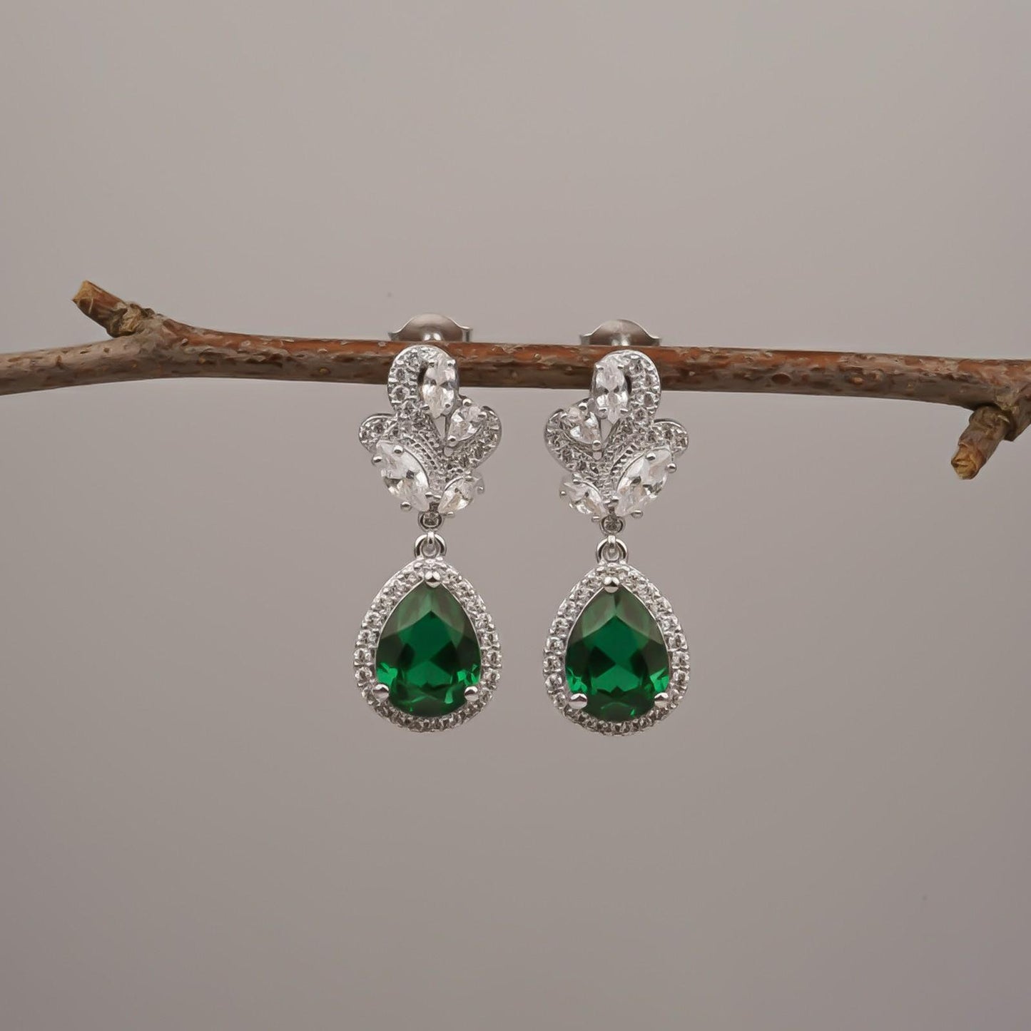 Silver Emerald Teardrop Statement Earrings