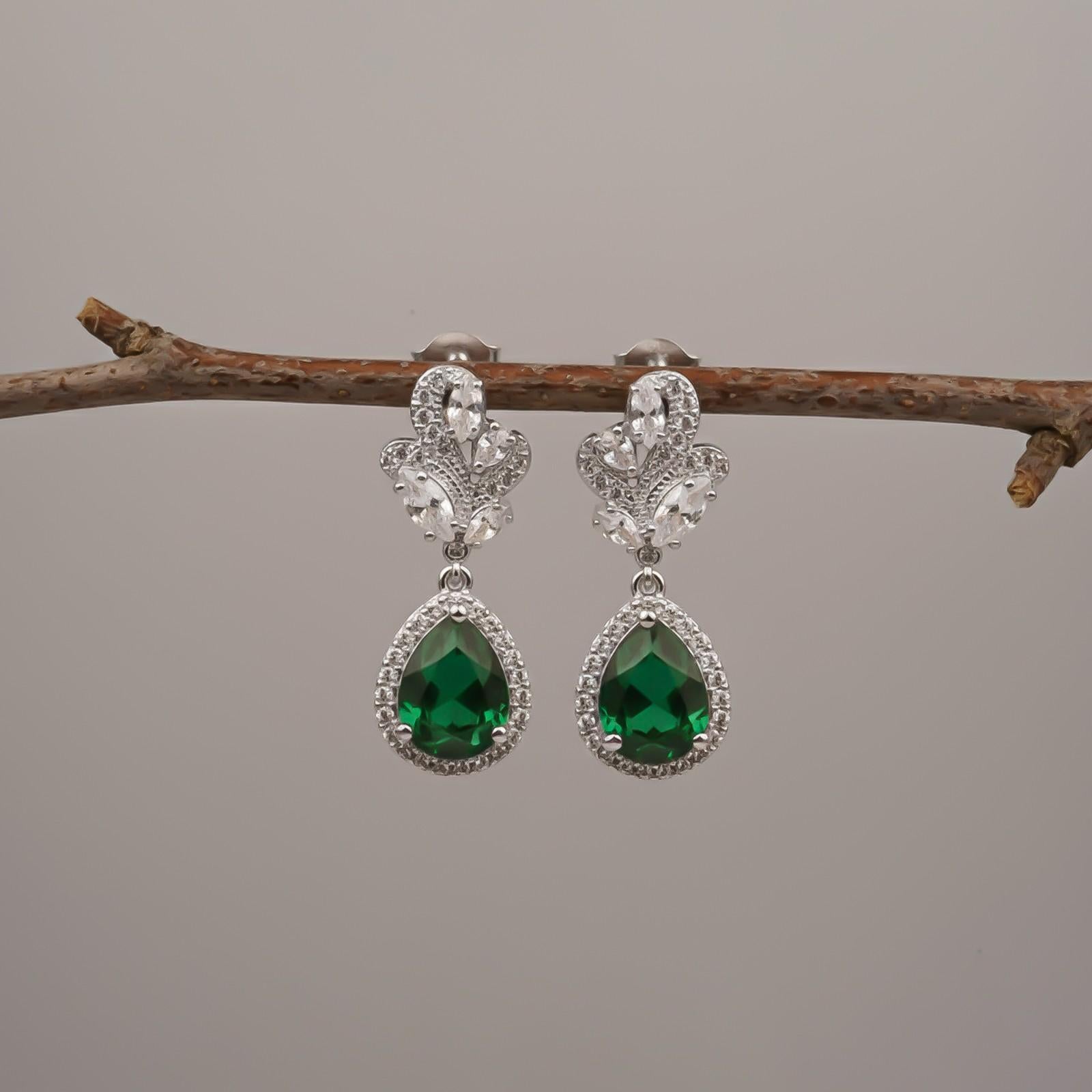 Silver Emerald Teardrop Statement Earrings