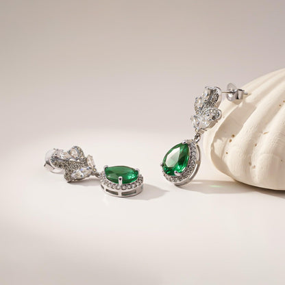 Silver Emerald Teardrop Statement Earrings