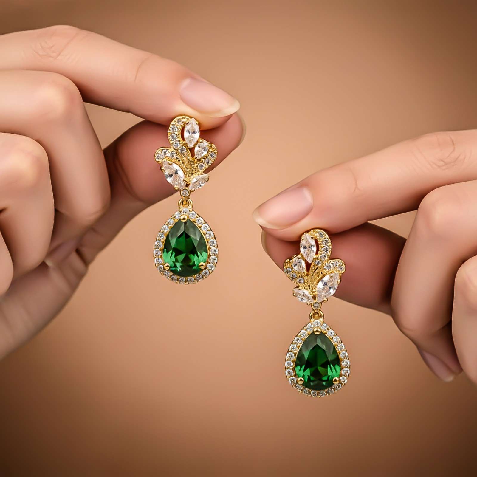 Silver Emerald Teardrop Statement Earrings