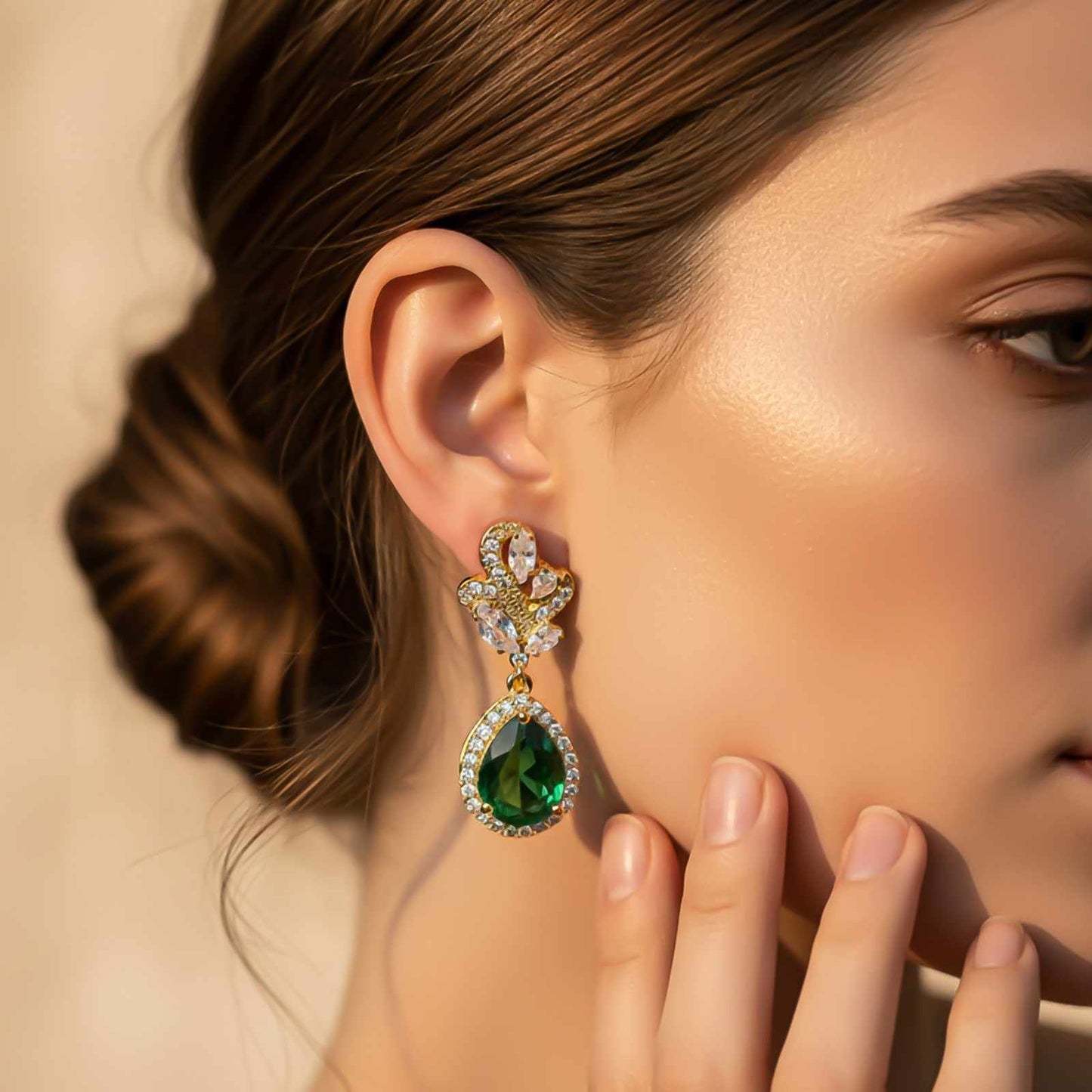 Silver Emerald Teardrop Statement Earrings