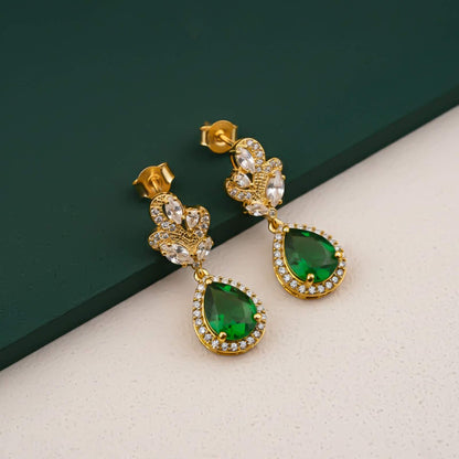 Silver Emerald Teardrop Statement Earrings