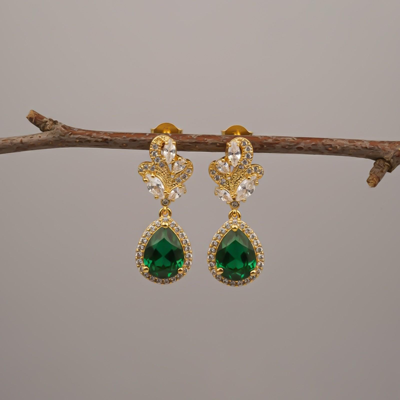 Silver Emerald Teardrop Statement Earrings