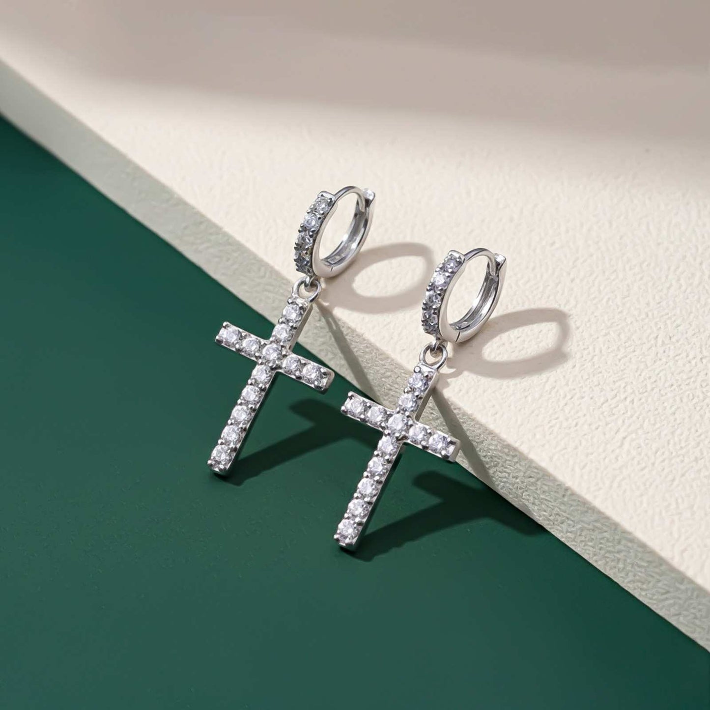 Silver Cross Drop Hoop Earrings for Women
