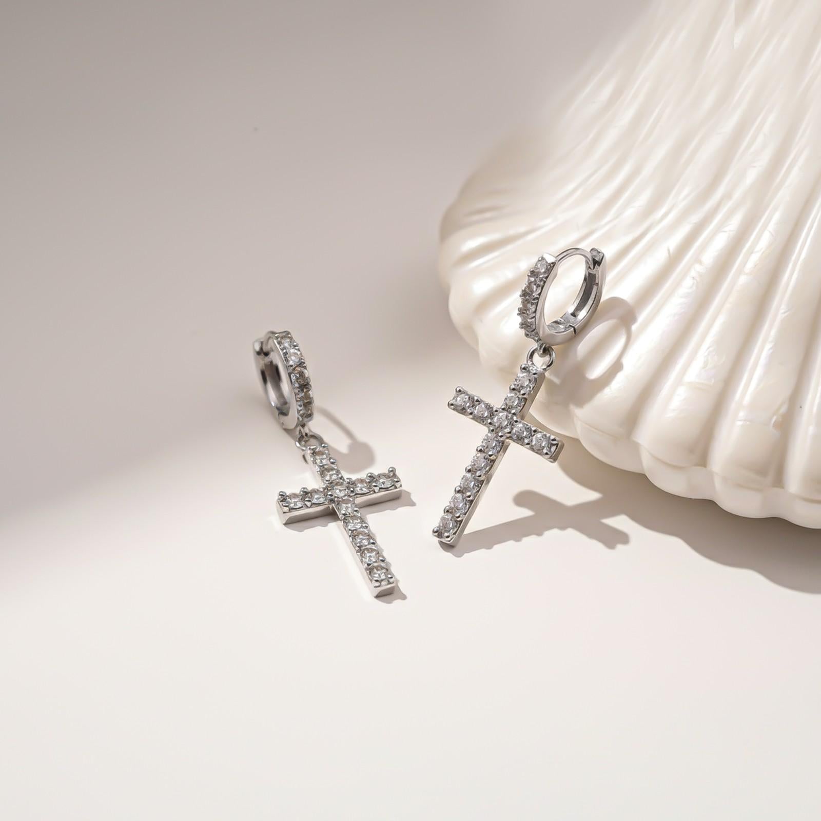 Silver Cross Drop Hoop Earrings for Women