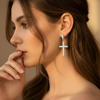 Silver Cross Drop Hoop Earrings for Women