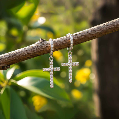 Silver Cross Drop Hoop Earrings for Women