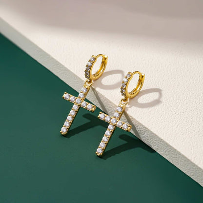 Silver Cross Drop Hoop Earrings for Women