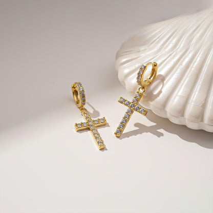 Silver Cross Drop Hoop Earrings for Women
