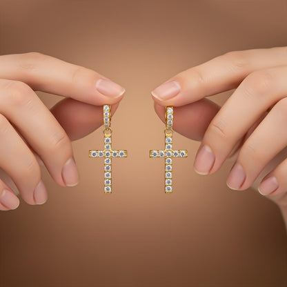 Silver Cross Drop Hoop Earrings for Women