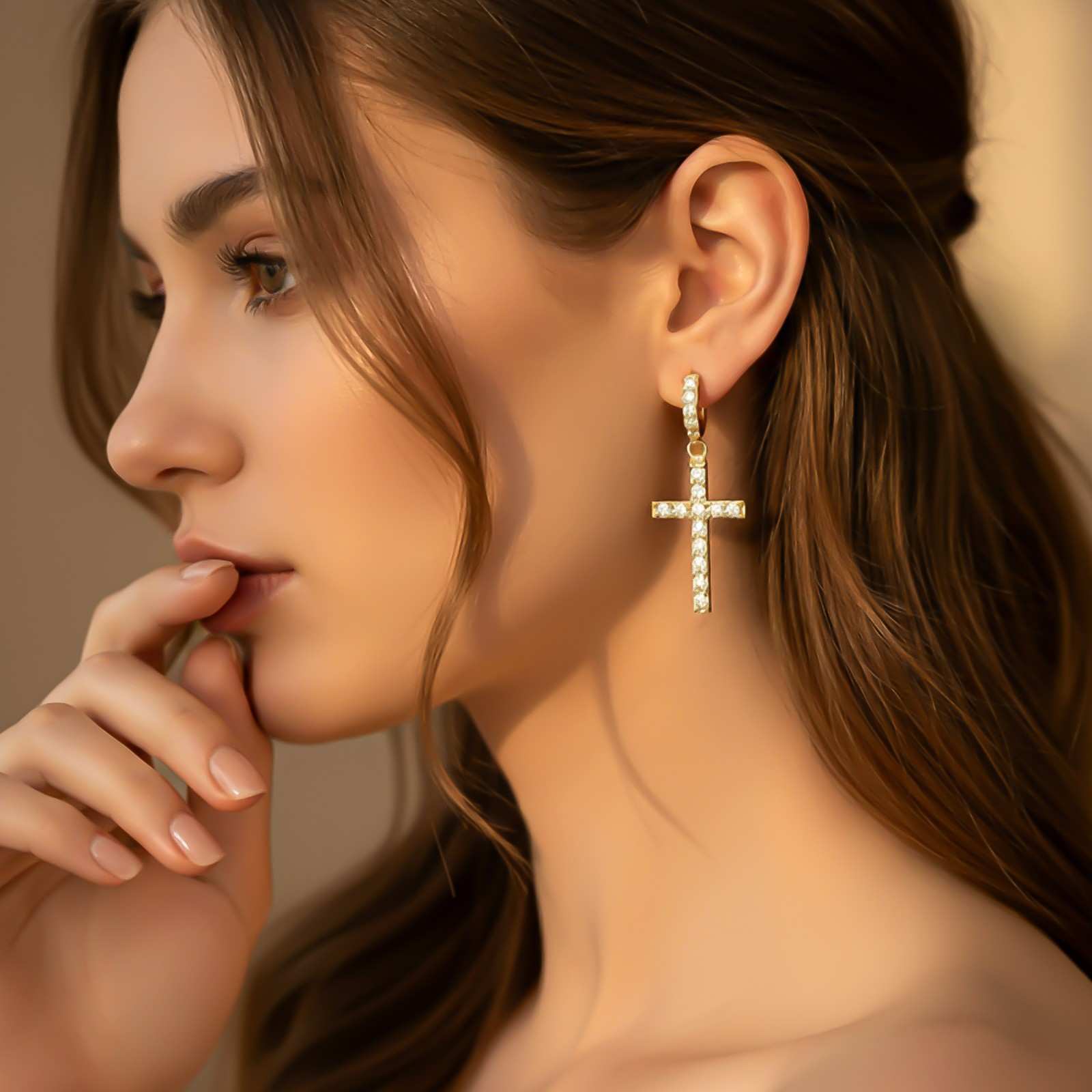 Silver Cross Drop Hoop Earrings for Women
