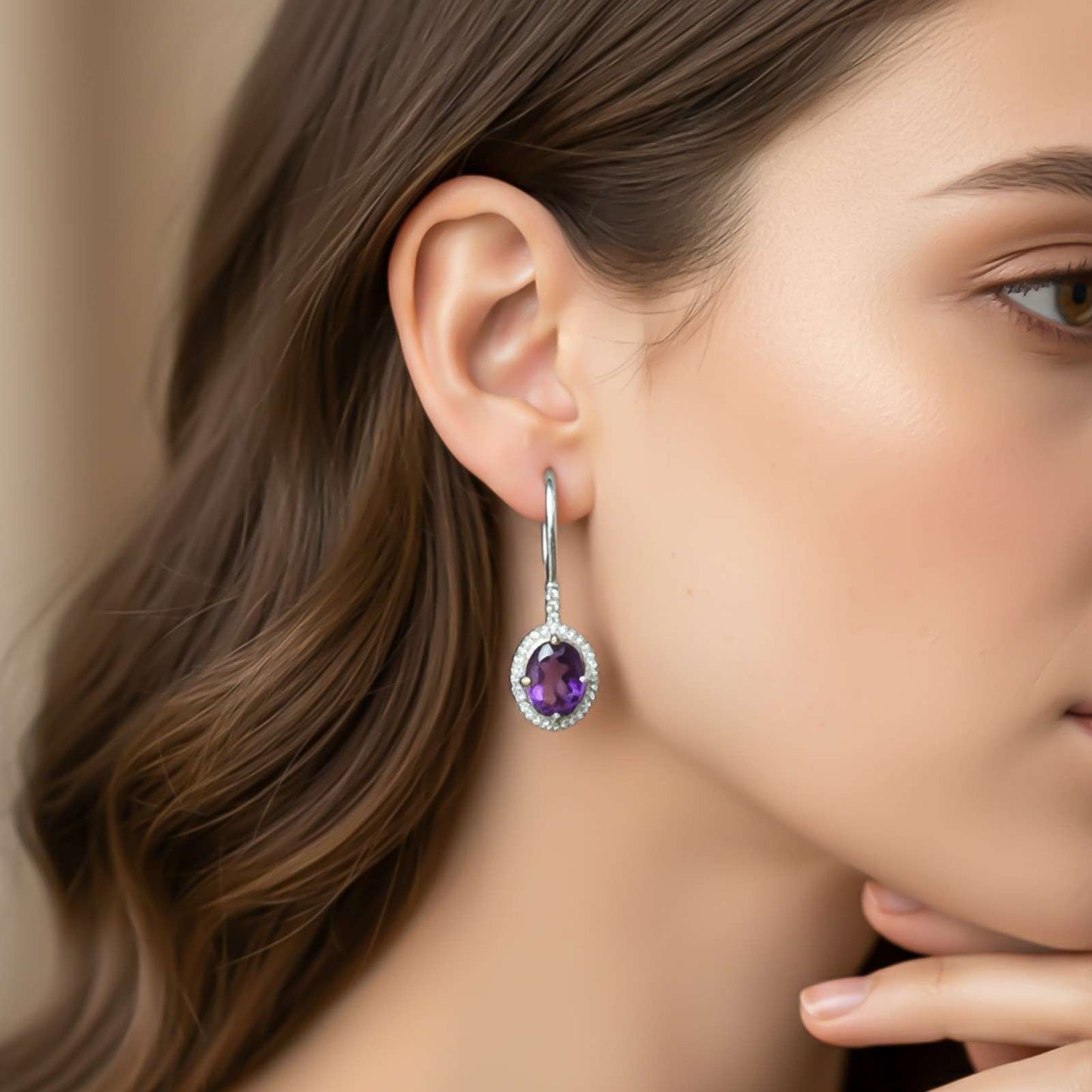 Silver Amethyst Halo Drop Earrings for Women