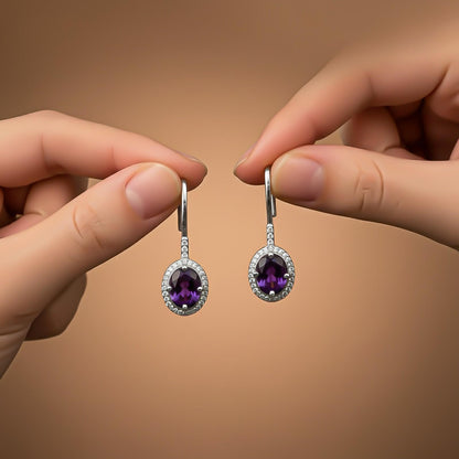 Silver Amethyst Halo Drop Earrings for Women