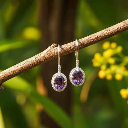 Silver Amethyst Halo Drop Earrings for Women