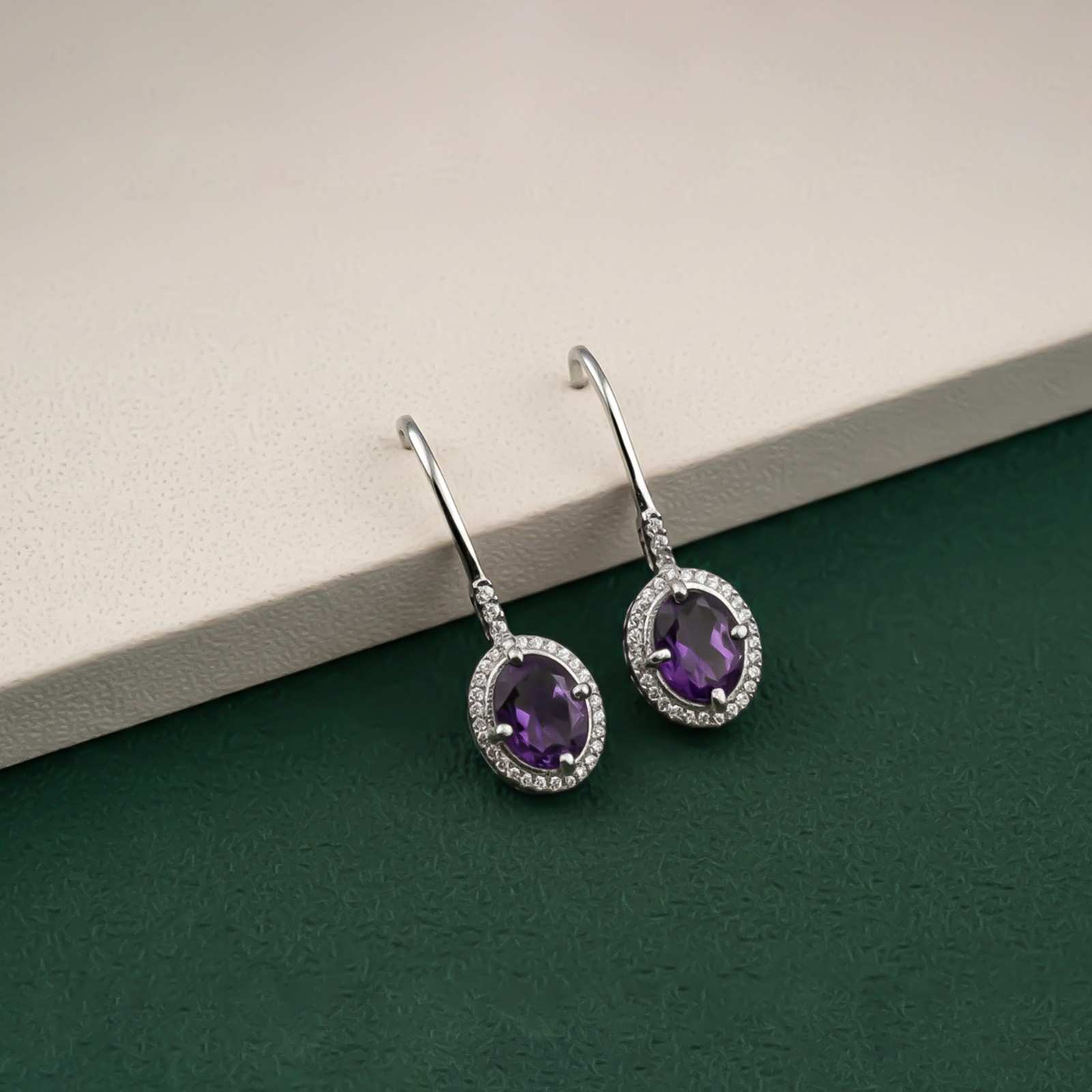 Silver Amethyst Halo Drop Earrings for Women