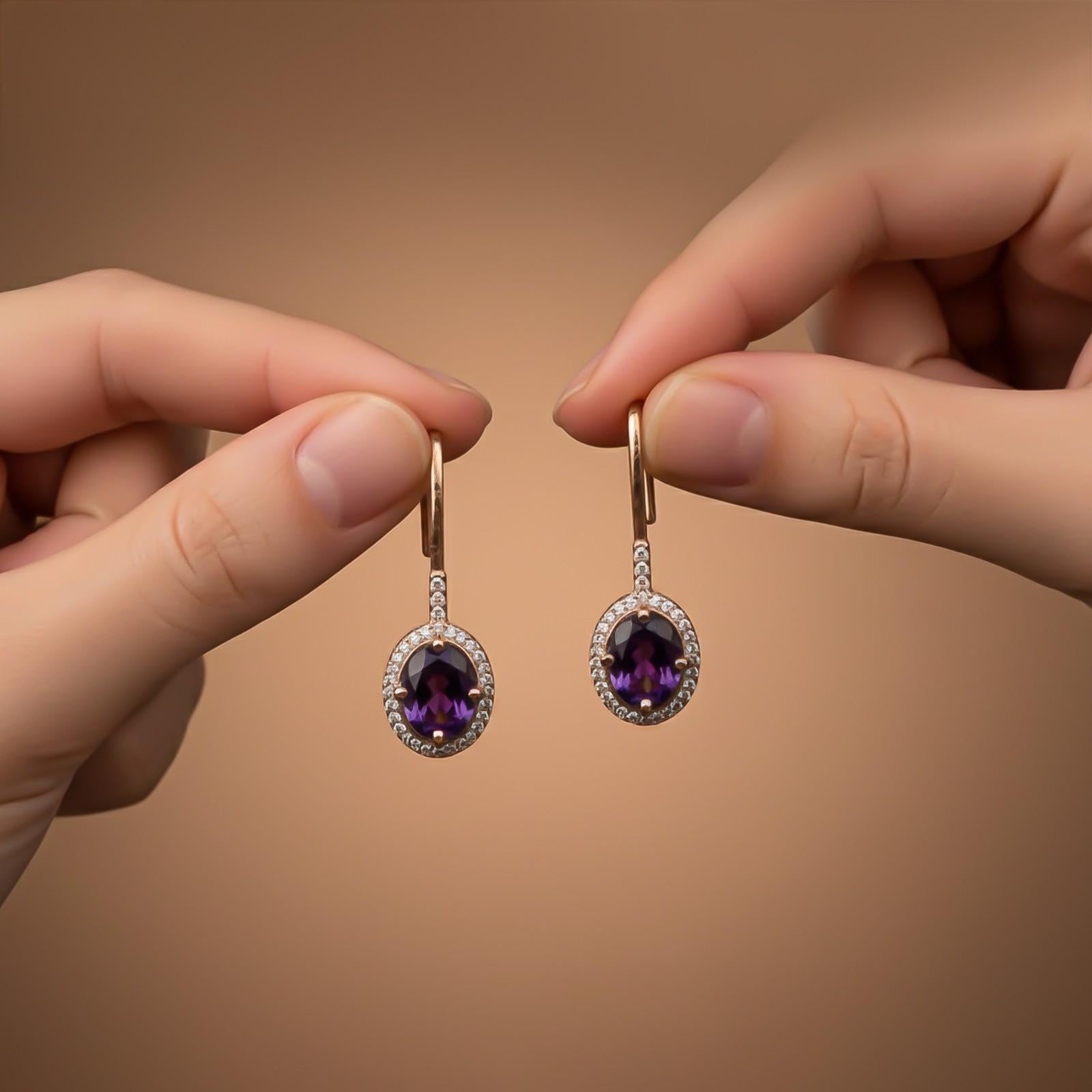 Silver Amethyst Halo Drop Earrings for Women