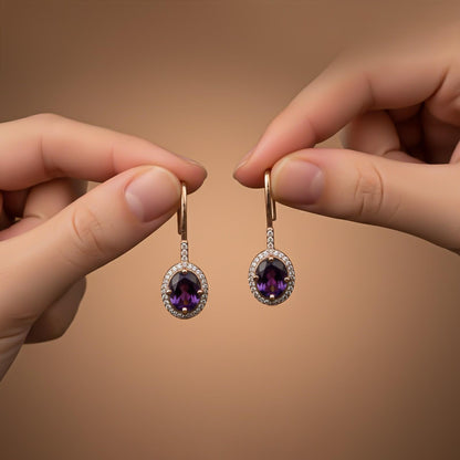 Silver Amethyst Halo Drop Earrings for Women