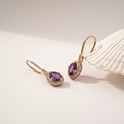 Silver Amethyst Halo Drop Earrings for Women