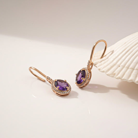 Silver Amethyst Halo Drop Earrings for Women