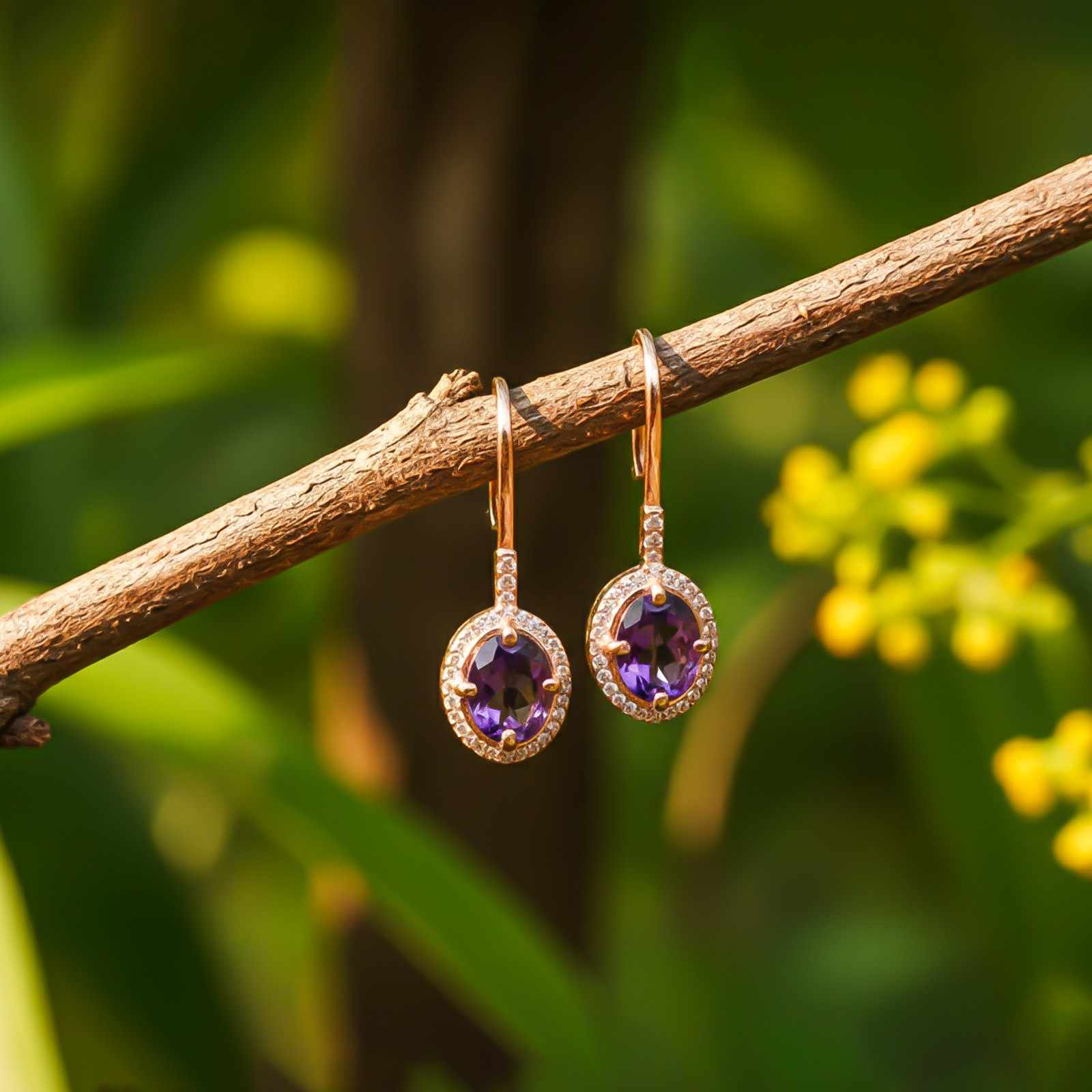 Silver Amethyst Halo Drop Earrings for Women