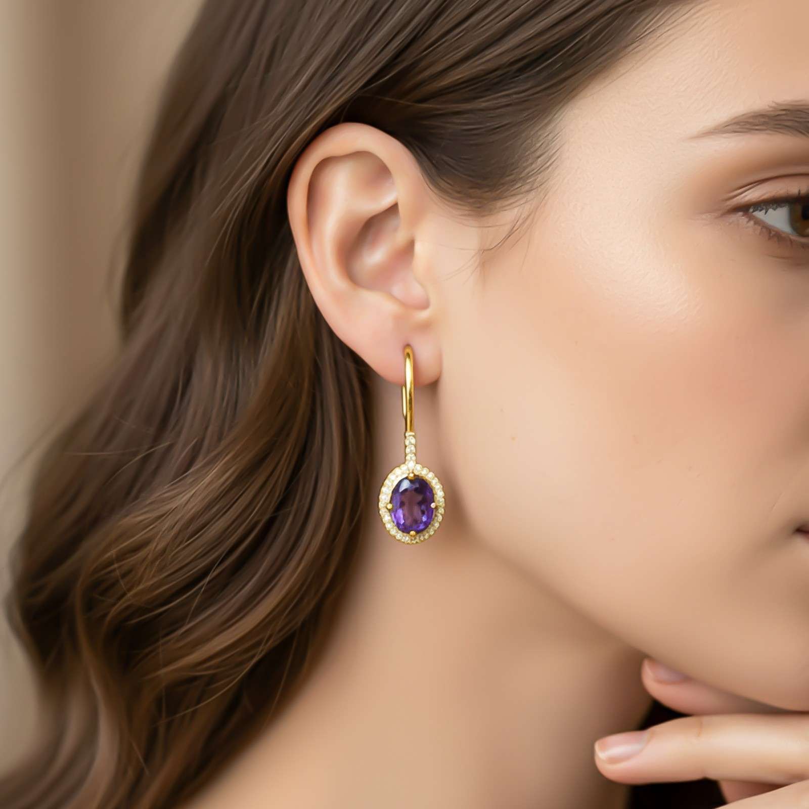 Silver Amethyst Halo Drop Earrings for Women