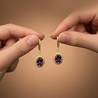 Silver Amethyst Halo Drop Earrings for Women