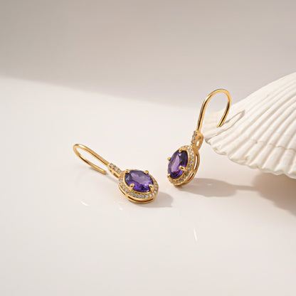Silver Amethyst Halo Drop Earrings for Women