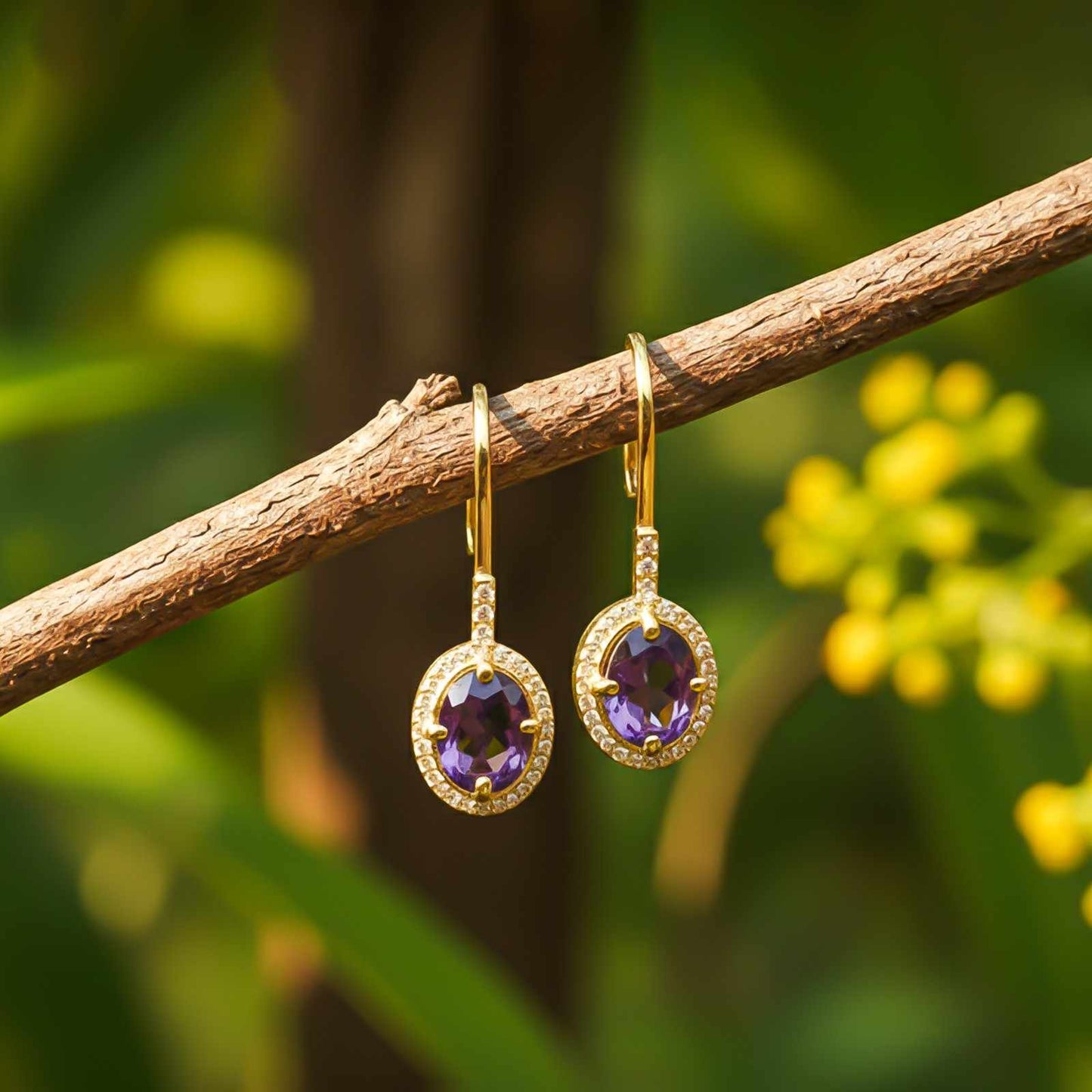 Silver Amethyst Halo Drop Earrings for Women