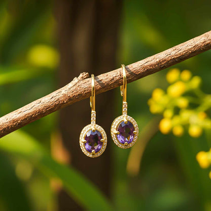 Silver Amethyst Halo Drop Earrings for Women