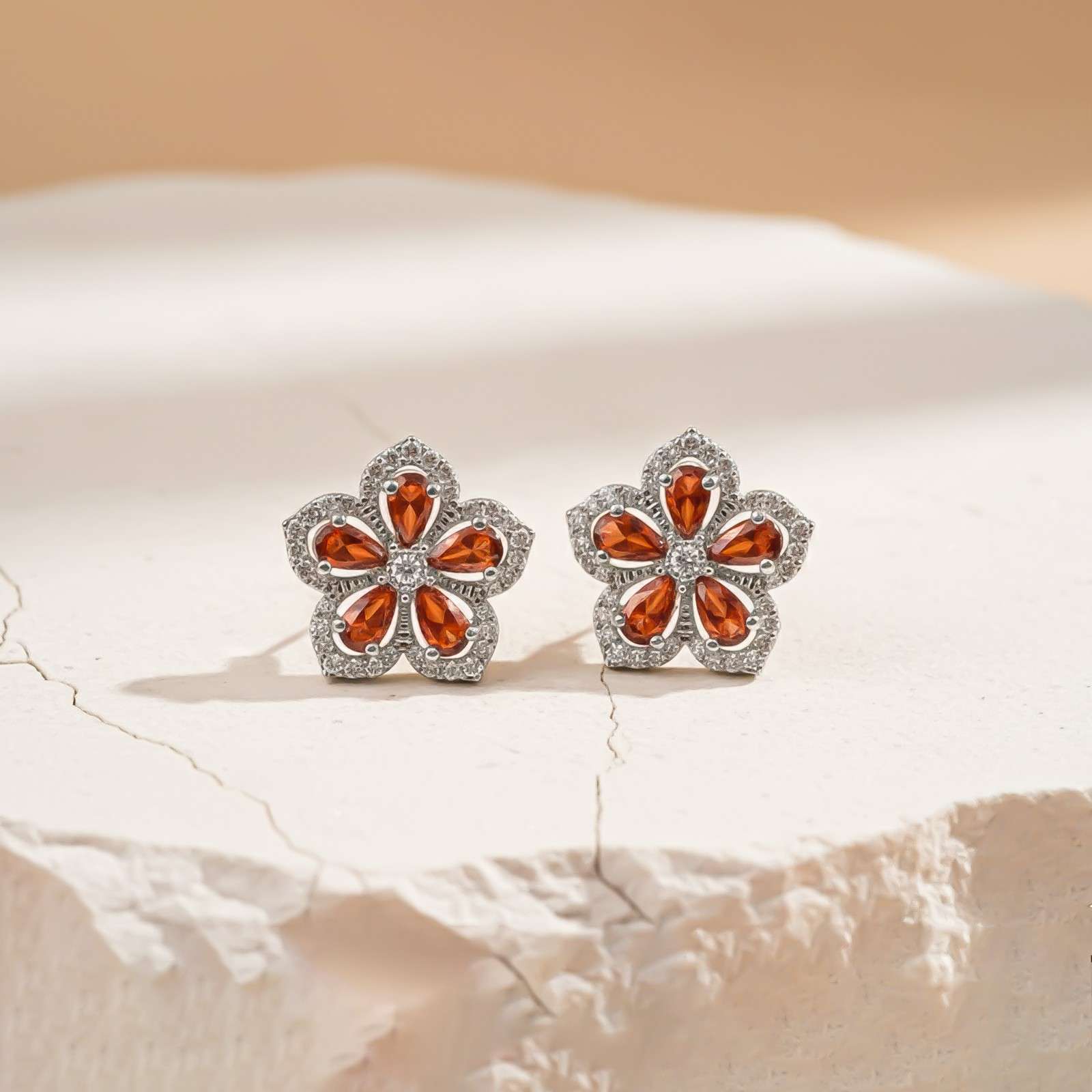 Silver Floral Garnet Stud Earrings for Women