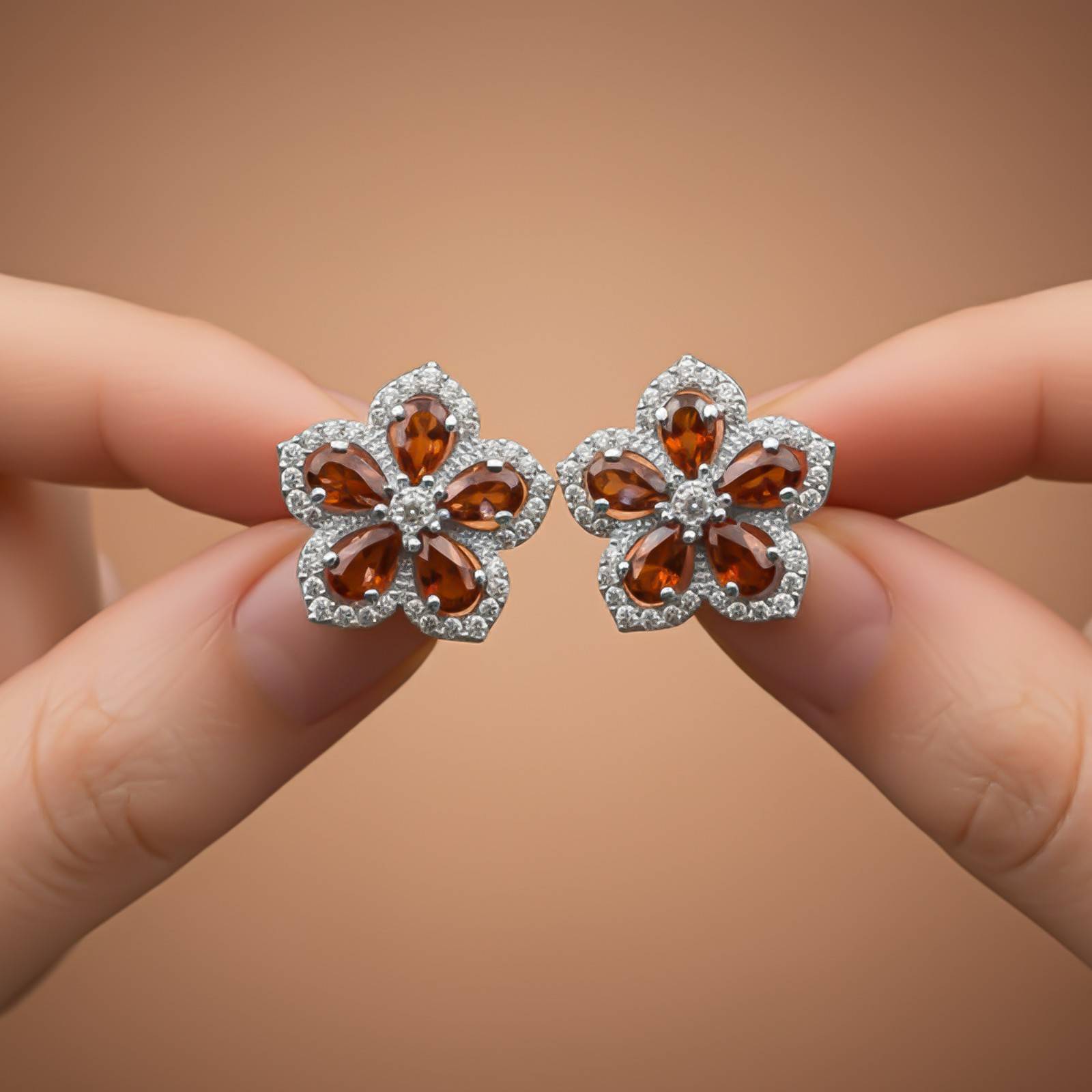 Silver Floral Garnet Stud Earrings for Women