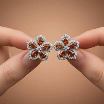 Silver Floral Garnet Stud Earrings for Women