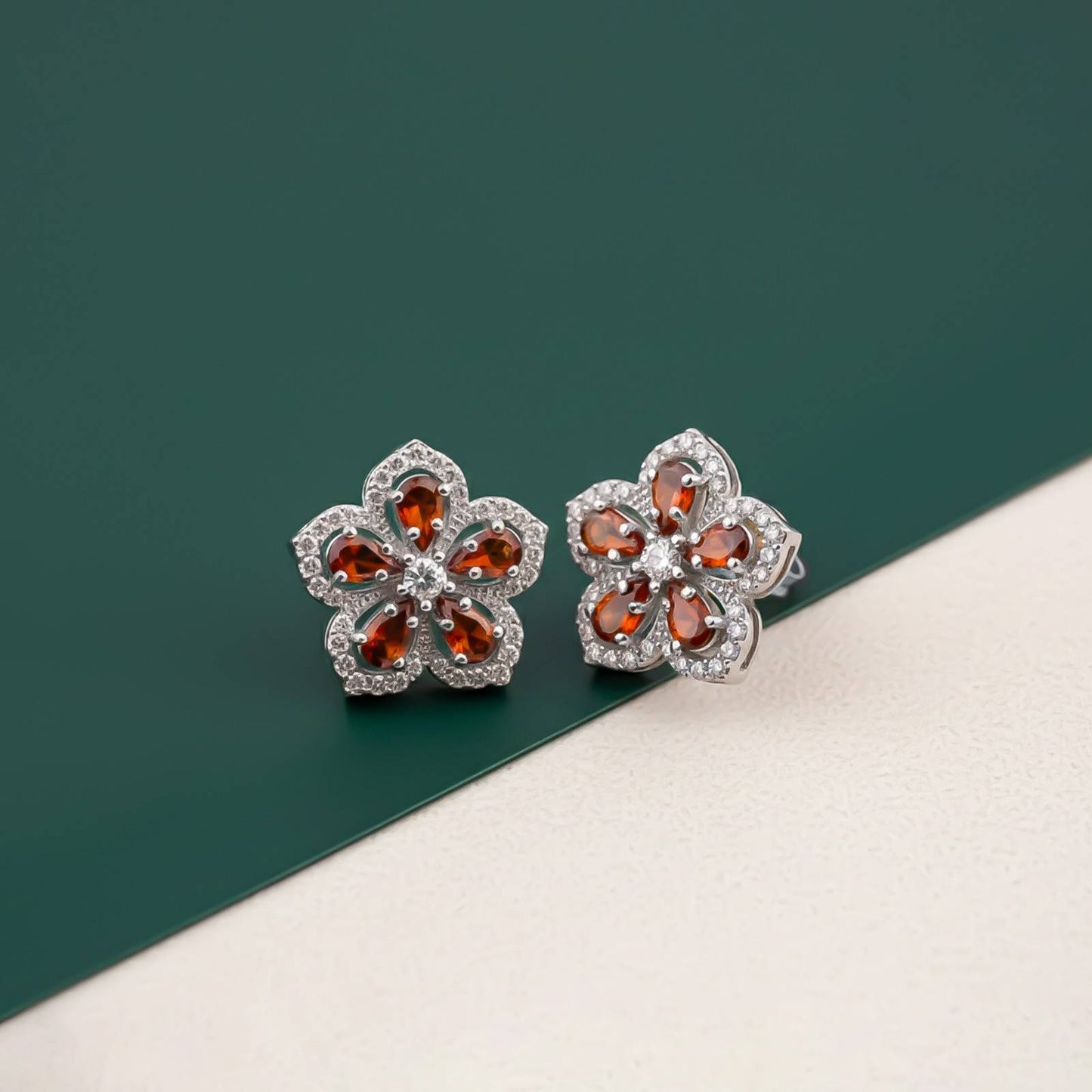 Silver Floral Garnet Stud Earrings for Women